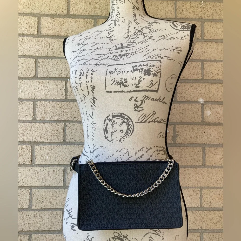 Michael Kors Black Logo Print Belt Bag Fanny Pack With Silver Pull Chain Small